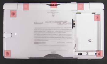 Back of DS Lite showing screw positions.